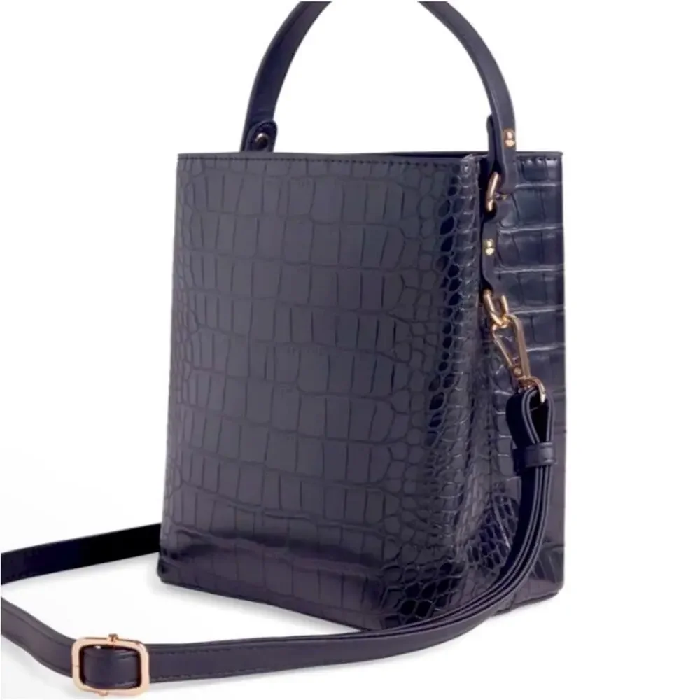 Aota Elena Bucket Bag Black Vegan Leather Crocodile Embossed-Crossbody Strap-NWT